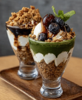 Black Sesame Crisp Parfaits with Matcha Cream