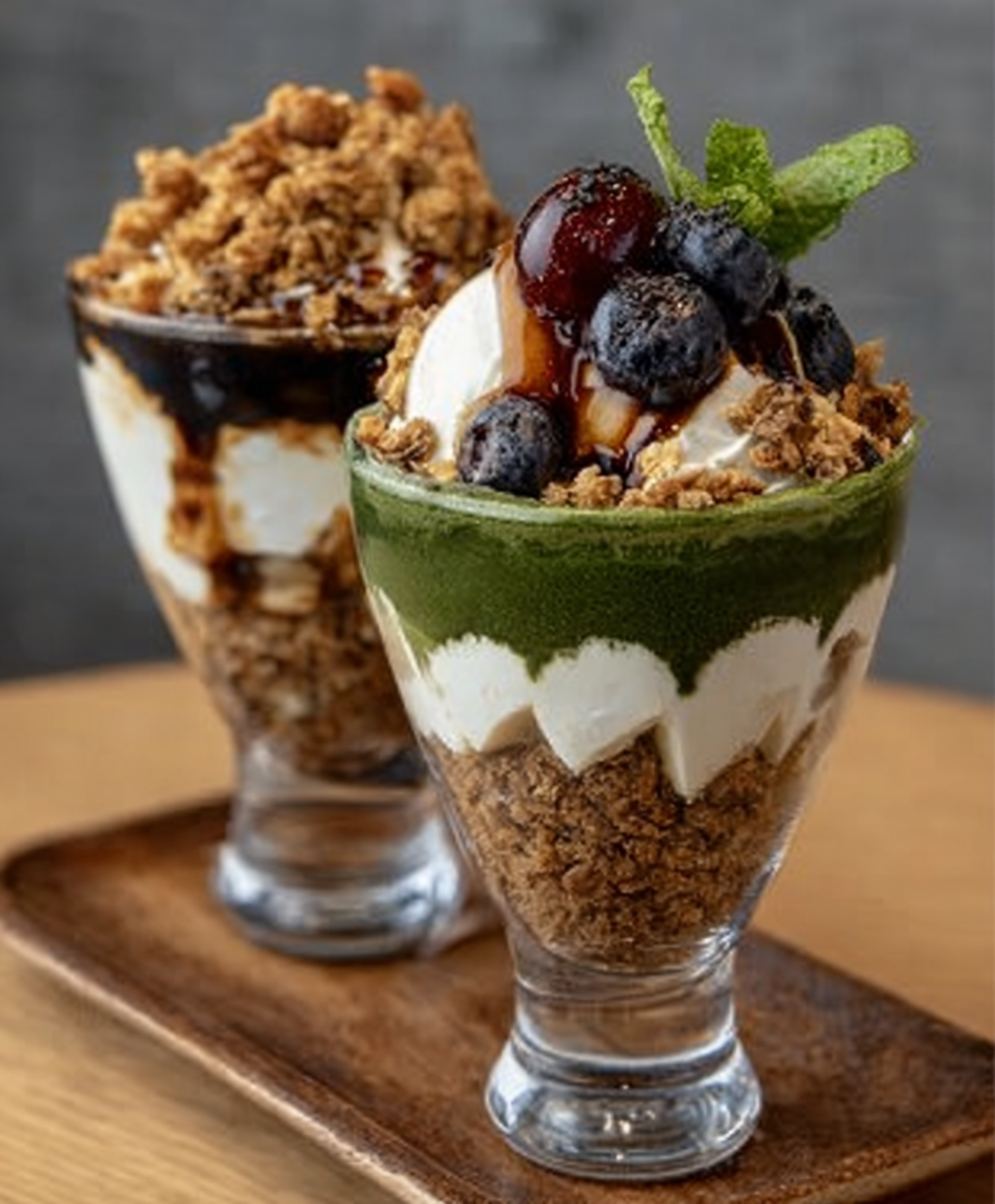 Black Sesame Crisp Parfaits with Matcha Cream