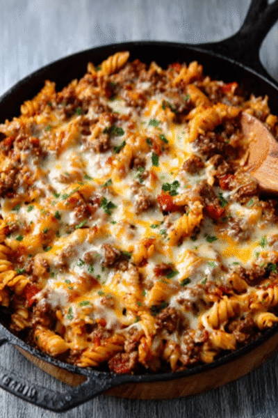 Cheesy Ground Beef Pasta Skillet