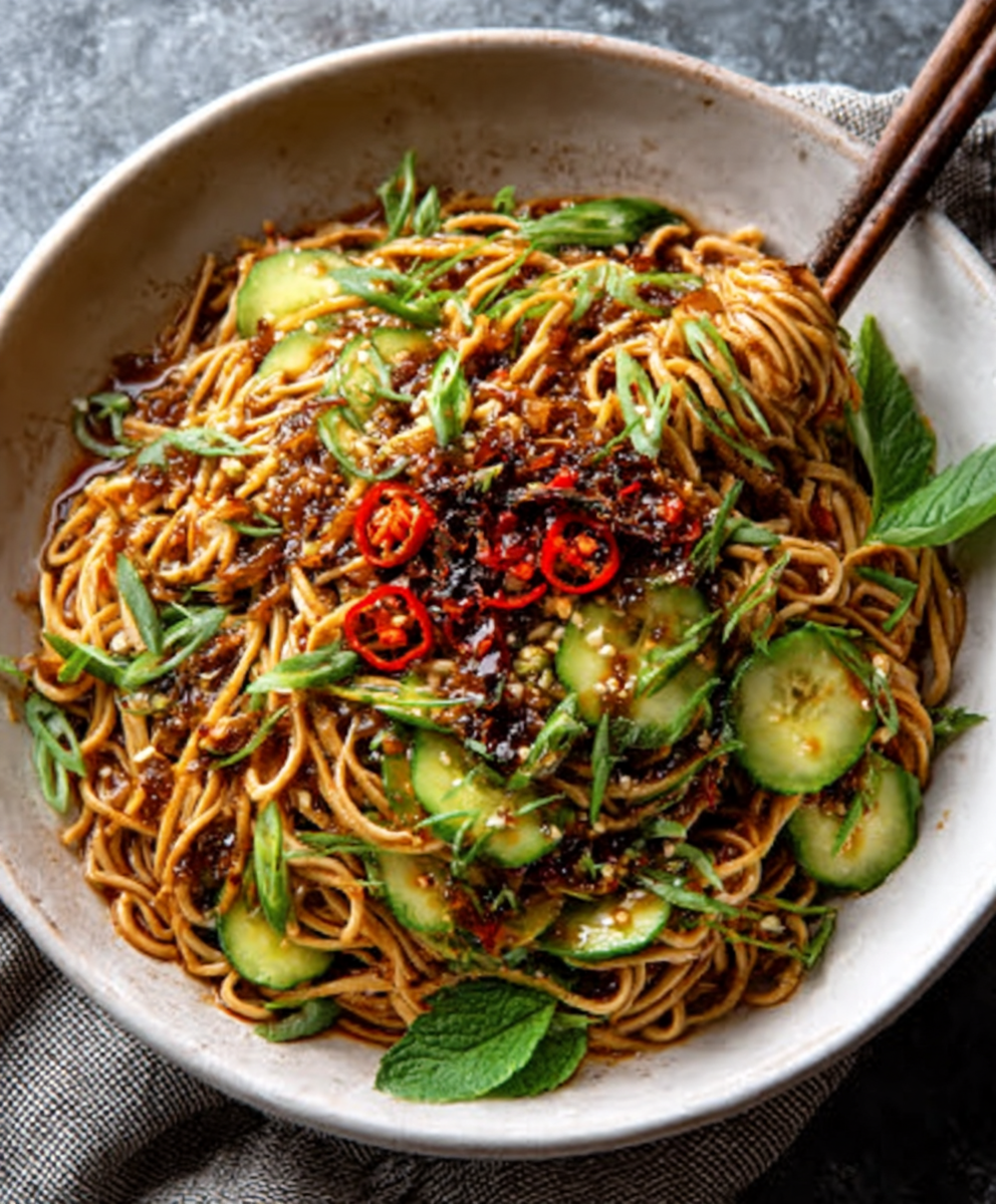 Cold Chinese-Style Soba with Chili Crisp & Cucumber