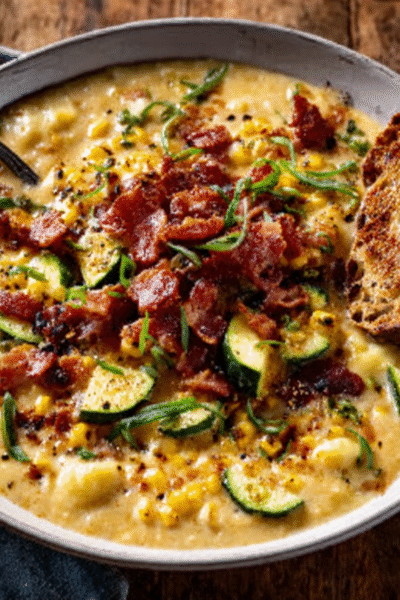 Creamy Corn, Zucchini & Bacon Chowder