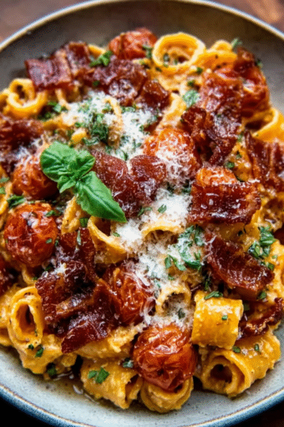 Creamy Roasted Tomato Ricotta Pasta + Crispy Prosciutto