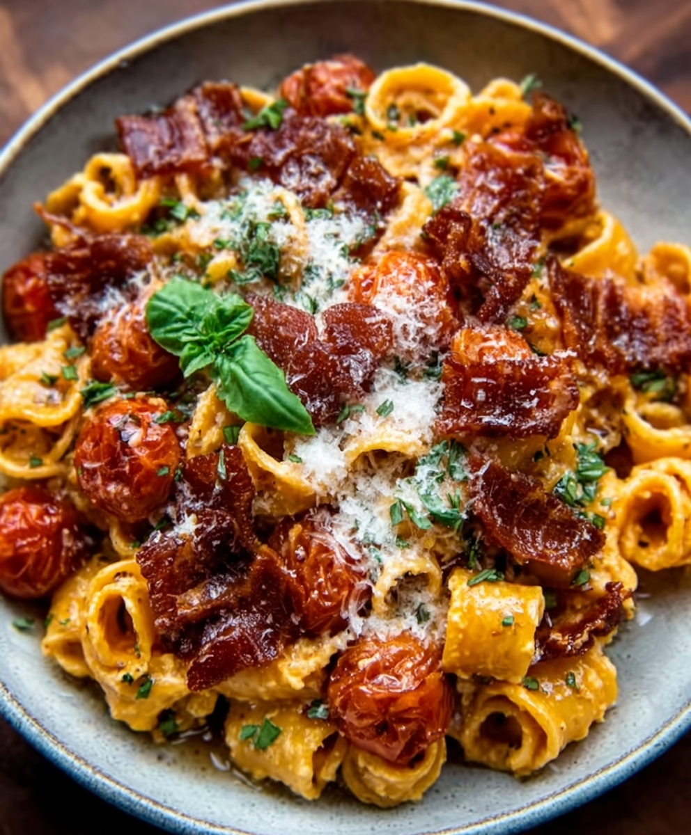 Creamy Roasted Tomato Ricotta Pasta + Crispy Prosciutto