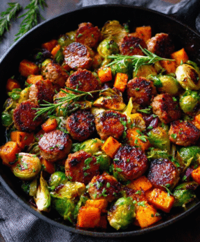 FALL DINNER - Sausage and Veggies Skillet with Butternut Squash and Brussels Sprouts.