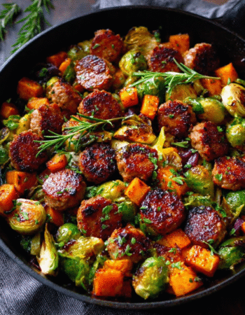 FALL DINNER - Sausage and Veggies Skillet with Butternut Squash and Brussels Sprouts.