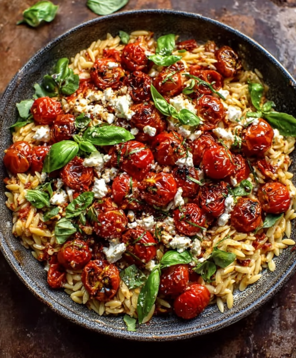 Greek Roasted Red Pepper Tomato Feta Orzo