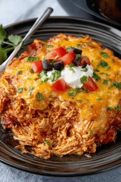 Hearty Crockpot Chicken Enchilada Casserole