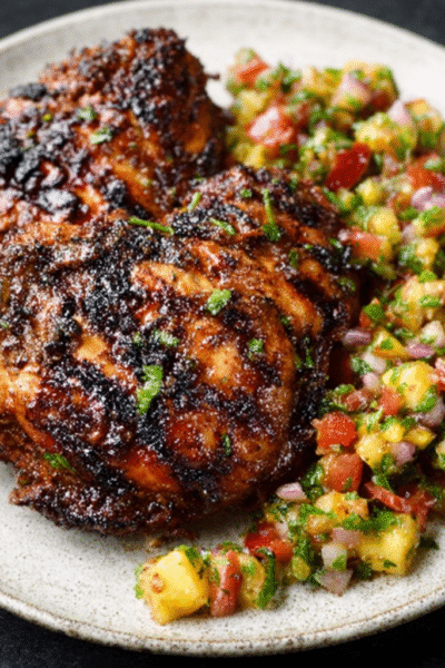 Jamaican Jerk Chicken with Sun‑Gold Tomato Salsa