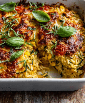 One Pan Corn & Zucchini Pesto Orzo Casserole