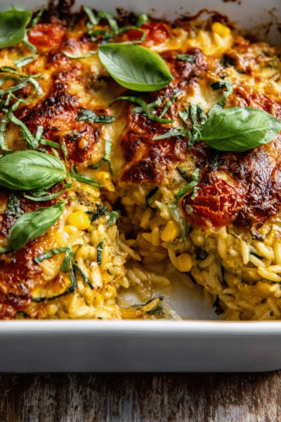 One Pan Corn & Zucchini Pesto Orzo Casserole