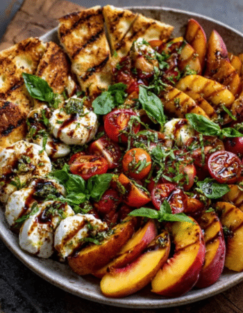Peach Caprese Salad with Toasted Garlic Naan