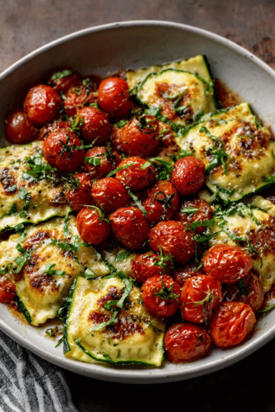 Pesto Cheese Zucchini Ravioli with Burst Tomatoes