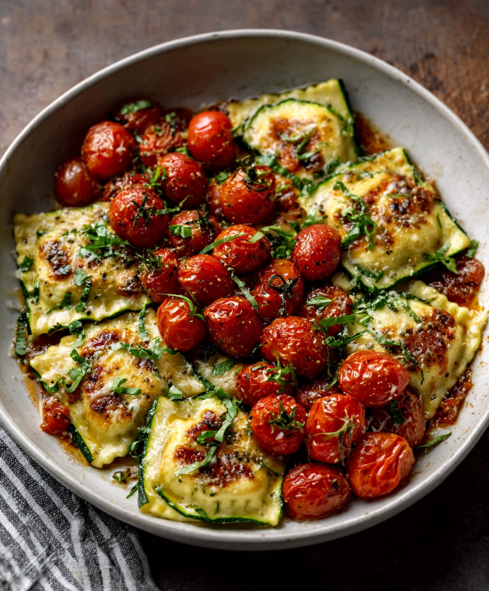 Pesto Cheese Zucchini Ravioli with Burst Tomatoes