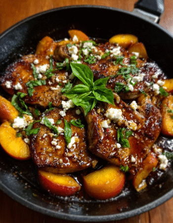 Skillet Balsamic Peach Pork Chops with Feta & Basil