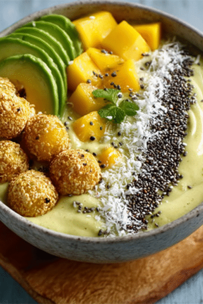 Avocado matcha smoothie bowl with mango pearls