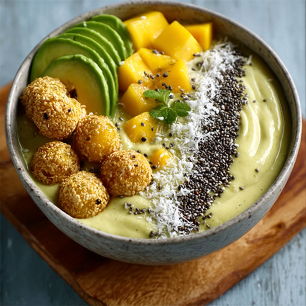 Avocado matcha smoothie bowl with mango pearls