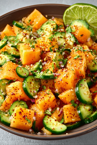 Cantaloupe–Cucumber Salad with Tajín & Lime