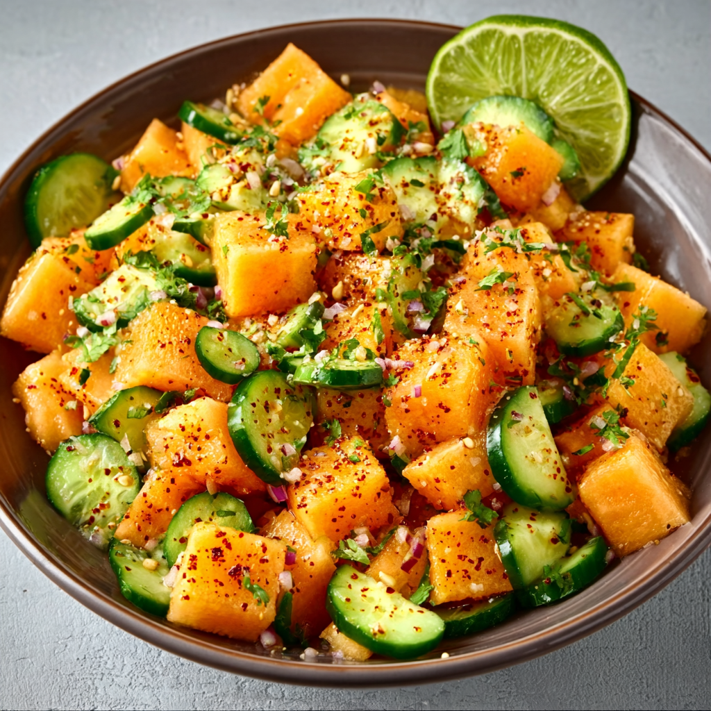 Cantaloupe–Cucumber Salad with Tajín & Lime
