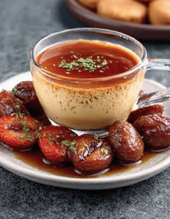 Chai Milk Crème Caramel with Tea-Poached Plums