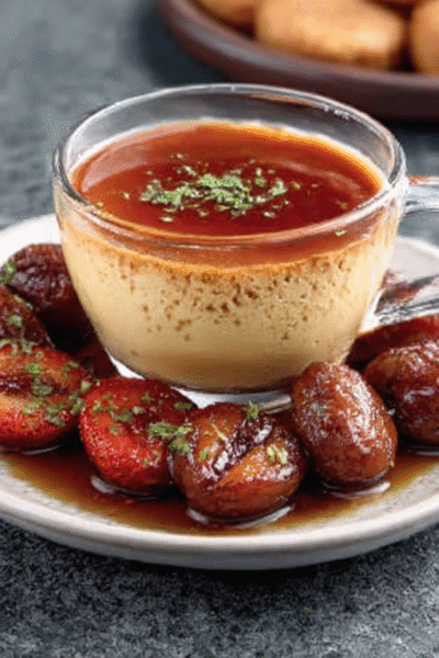 Chai Milk Crème Caramel with Tea-Poached Plums