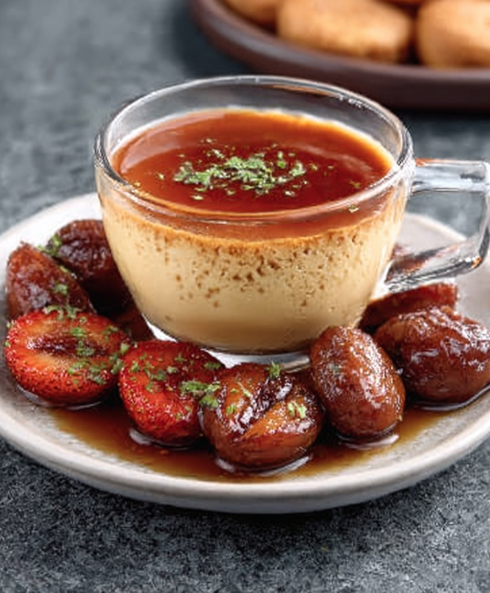 Chai Milk Crème Caramel with Tea-Poached Plums