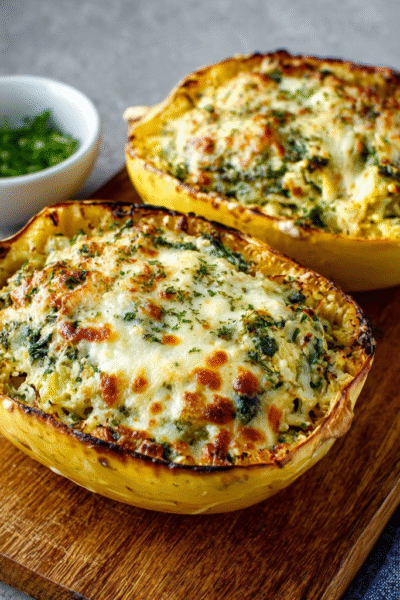 Cheesy Spinach‑Artichoke Stuffed Spaghetti Squash