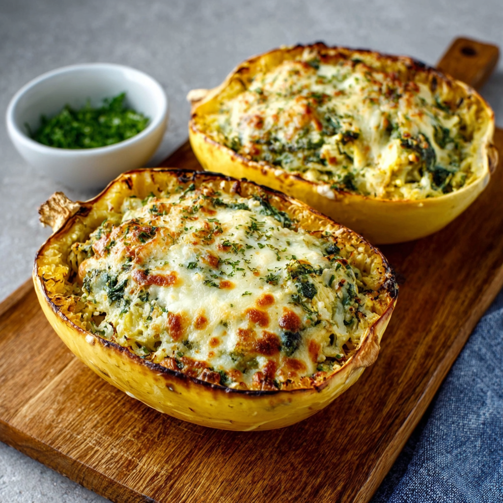 Cheesy Spinach‑Artichoke Stuffed Spaghetti Squash