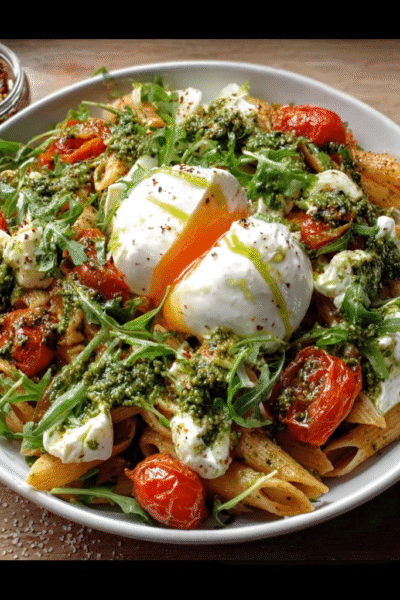 Cold Pasta with Arugula Pesto and Creamy Burrata