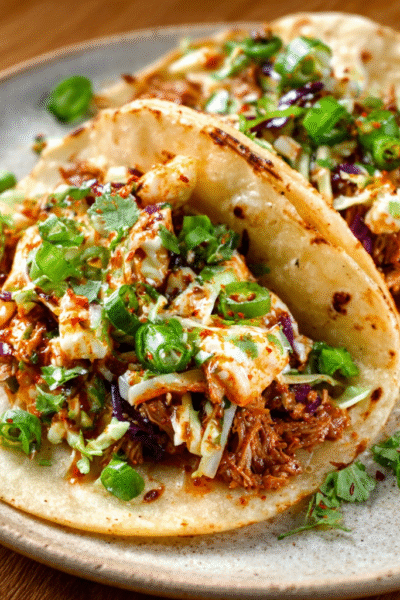 Cold kimchi‑slaw tacos with probiotic crunch