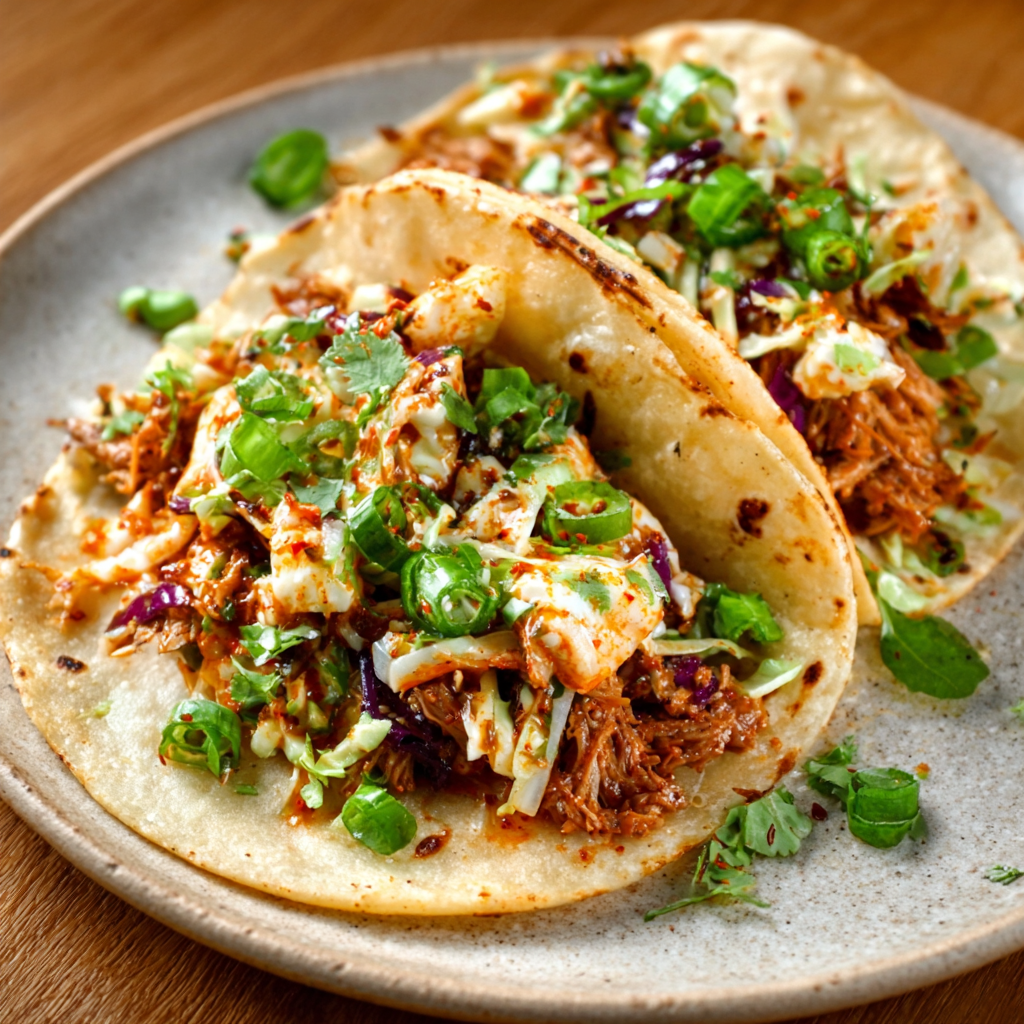Cold kimchi‑slaw tacos with probiotic crunch