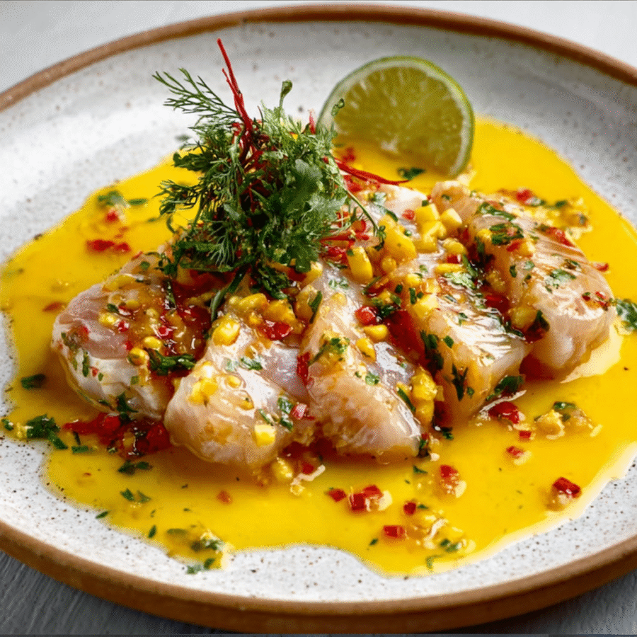 Corvina Tiradito with Lime, Aji Amarillo, and Cilantro delights and refreshes! 6 Corvina Tiradito with Lime, Aji Amarillo, and Cilantro