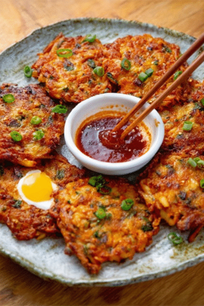 Crispy Kimchi Potato Pancakes with Gochujang Sour Cream