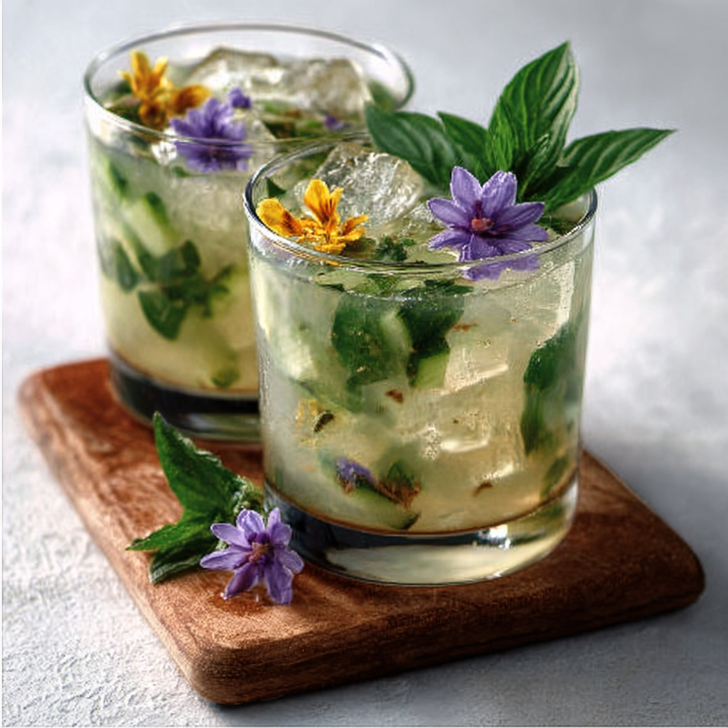 Garden‑to‑glass cucumber‑mint mocktail with edible flower ice