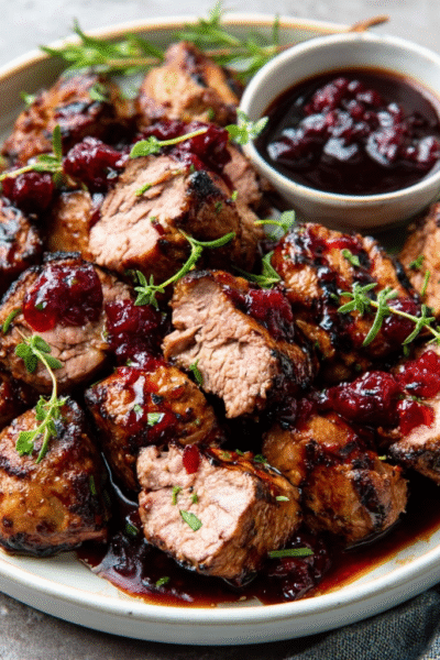 Grilled cherry‑maple pork bites with balsamic gelée