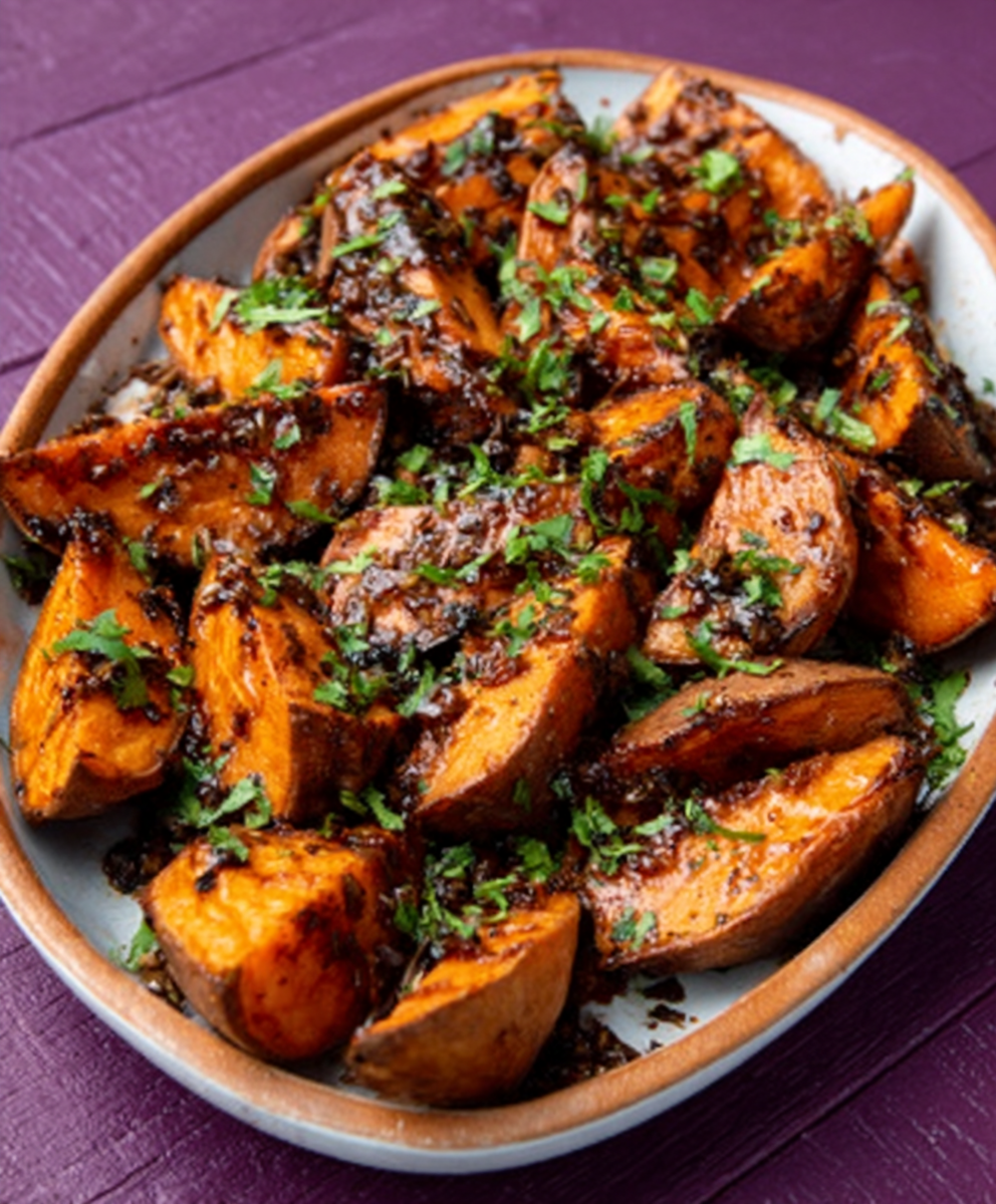 Harissa Honey Roasted Sweet Potatoes