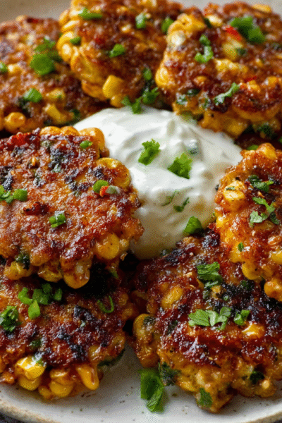 Hot honey chili crisp corn fritters with yogurt dip