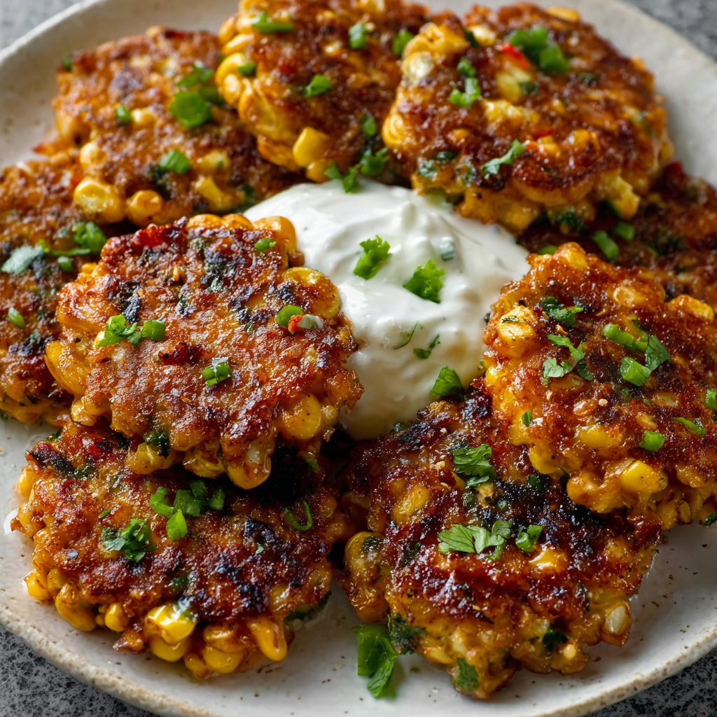 Hot honey chili crisp corn fritters with yogurt dip