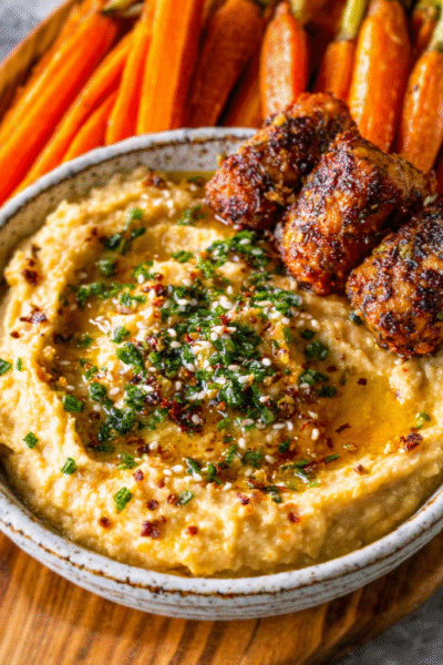 Hummus flight board with za’atar twists and pickled carrots