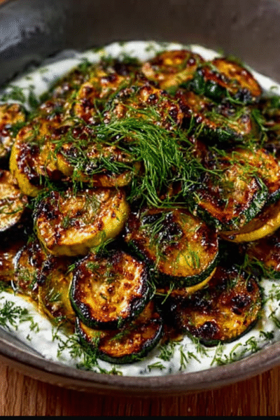 Lemon‑Marinated Yellow Zucchini over Garlicky Sour Cream and Dill