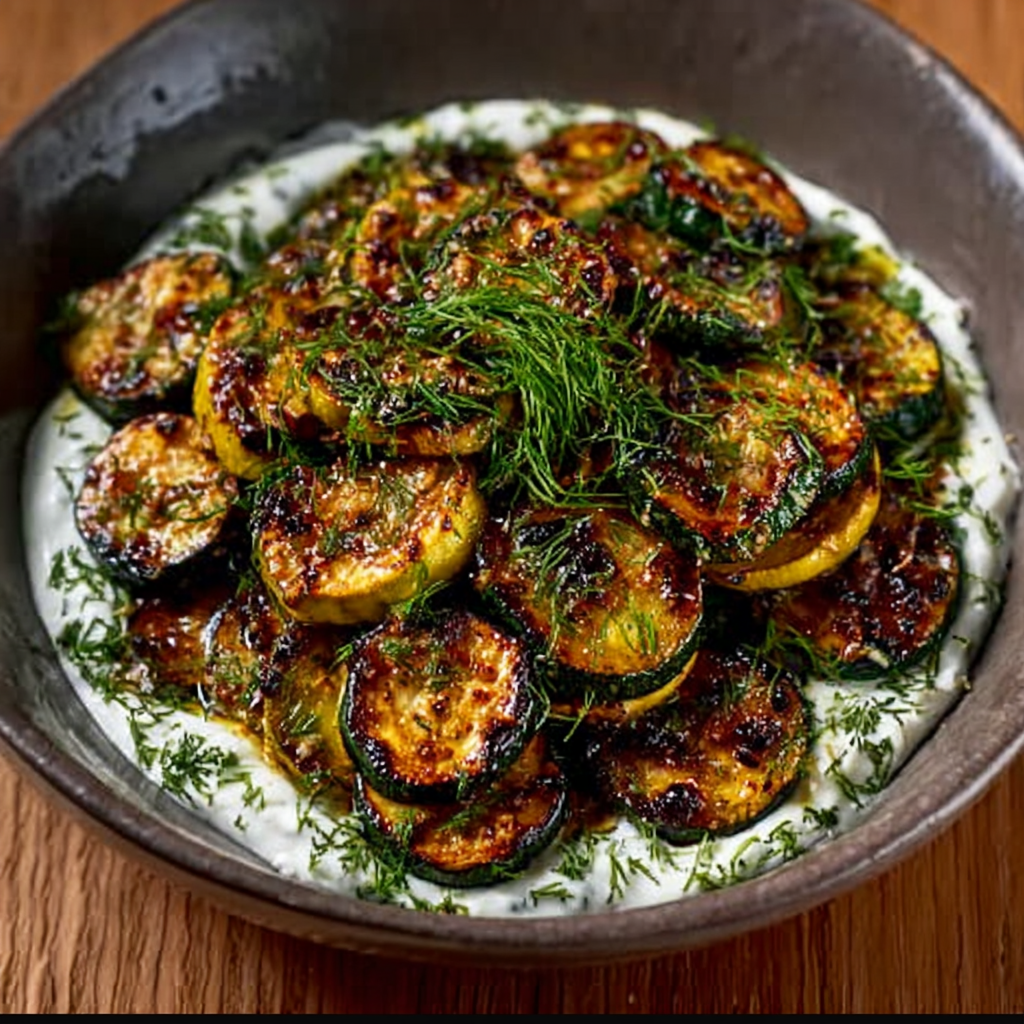 Lemon‑Marinated Yellow Zucchini over Garlicky Sour Cream and Dill