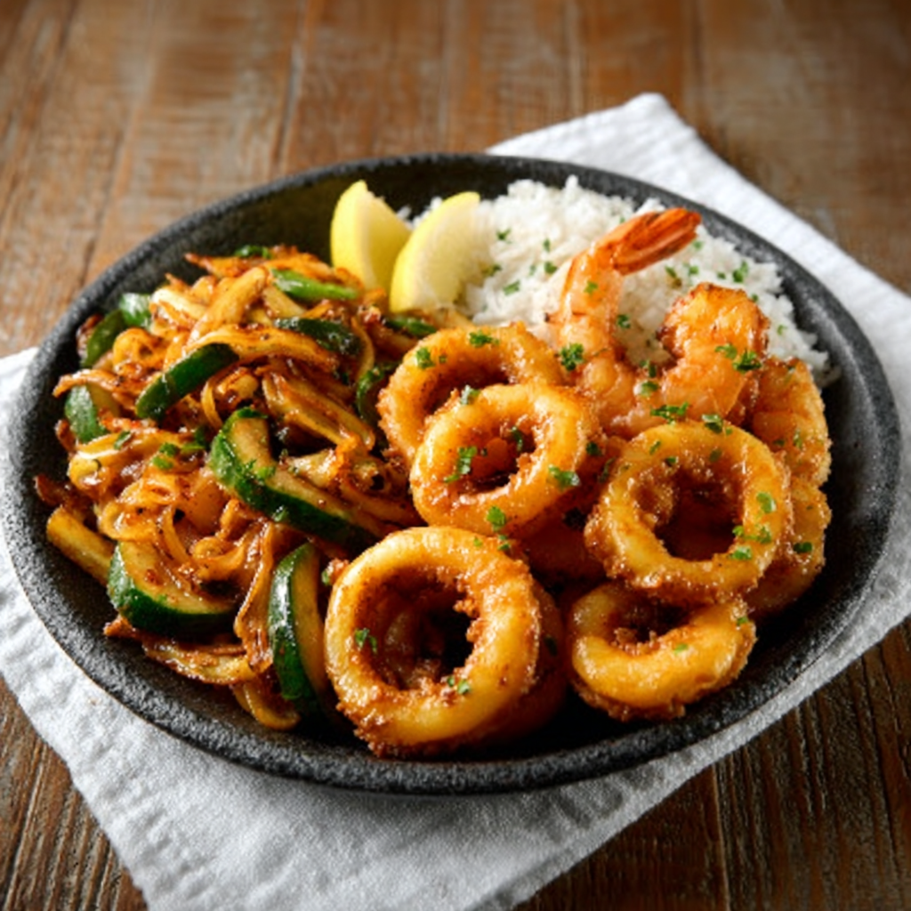 Sautéed Calamari Rings and Shrimp with Lemon