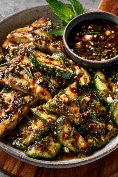 Savory za’atar‑feta pita chips with herb‑pickled zucchini