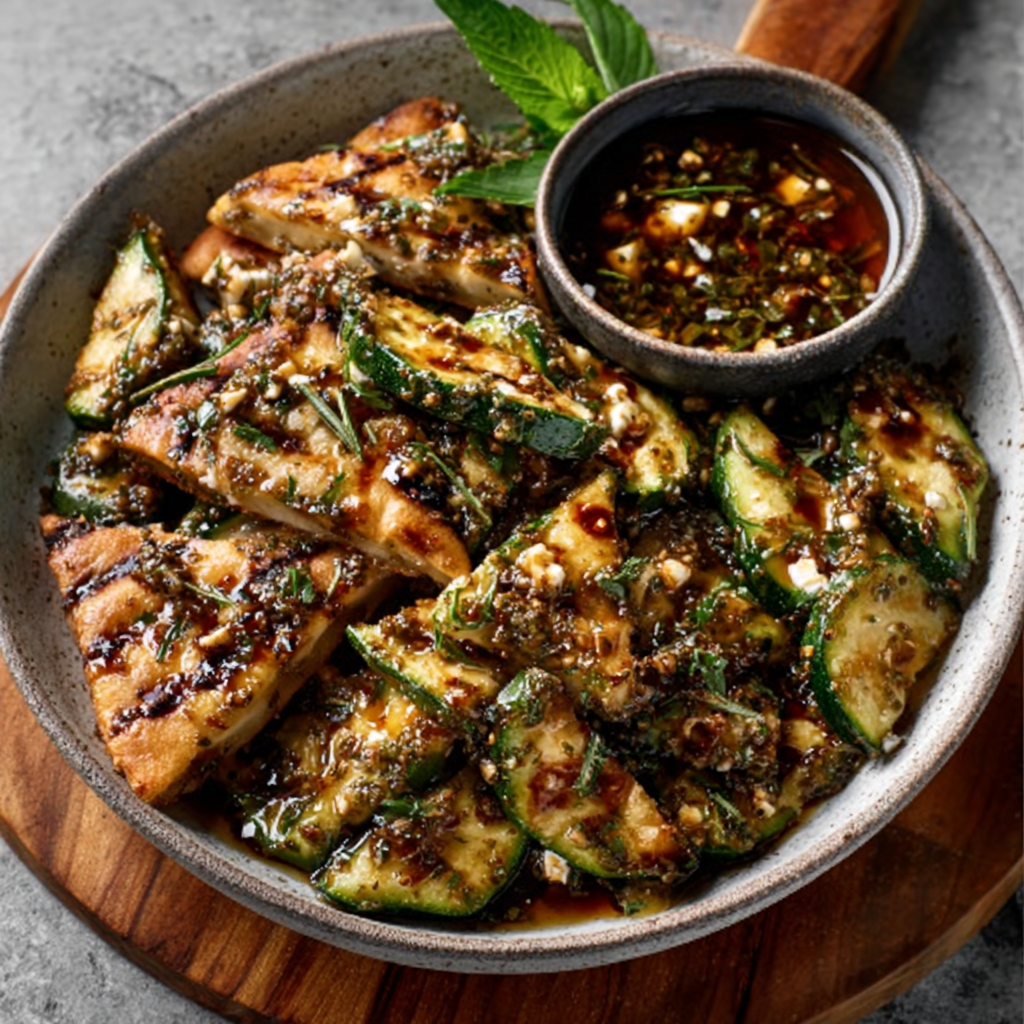 Savory za’atar‑feta pita chips with herb‑pickled zucchini