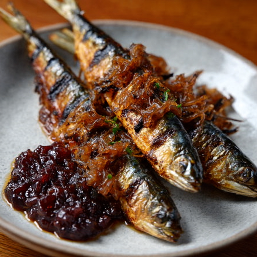 Smoky grilled sardine skewers with cherry cough chutney