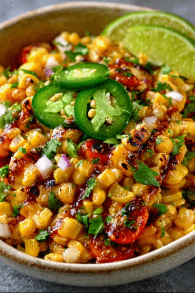 Southwest lime‑charred corn salad with chili‑honey drizzle