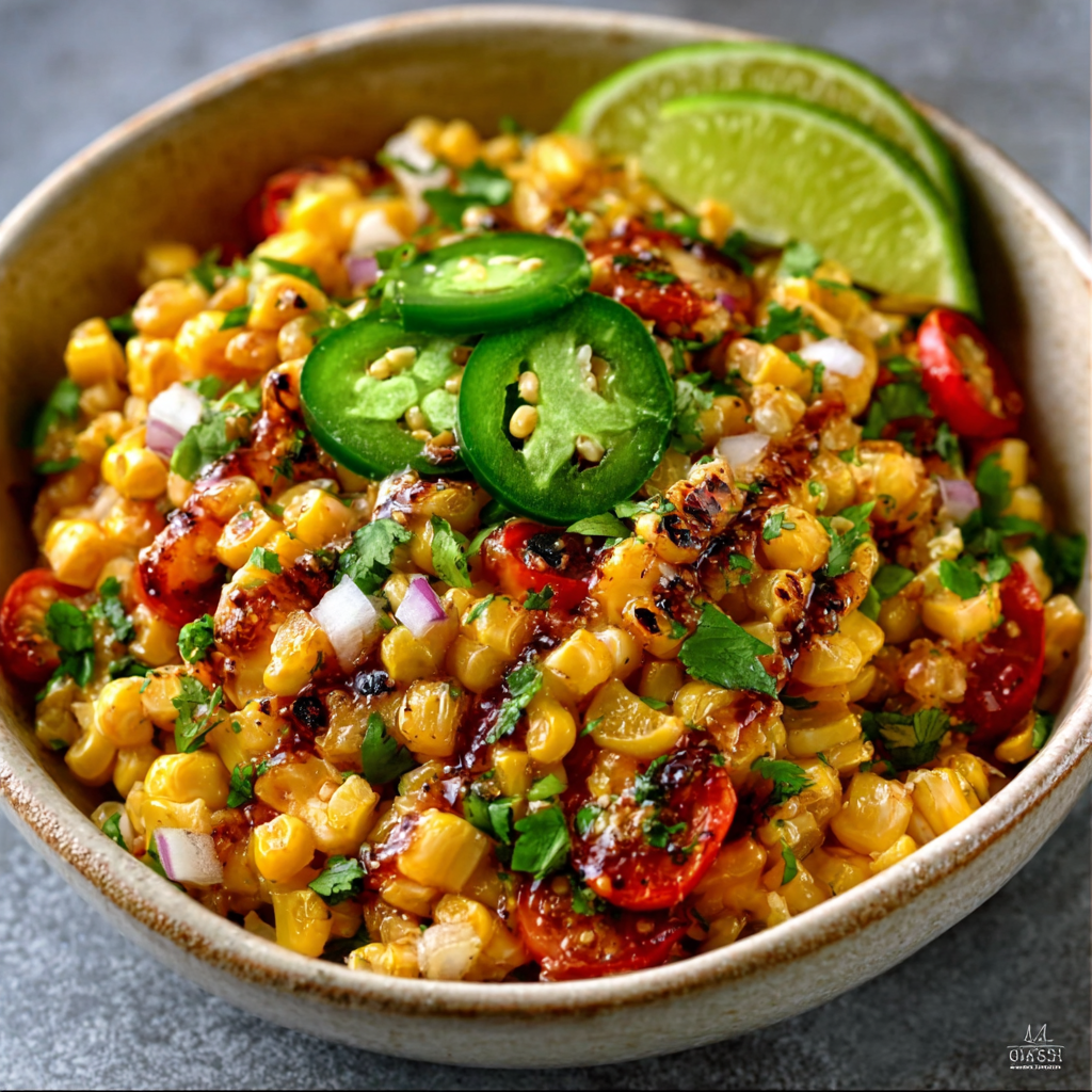 Southwest lime‑charred corn salad with chili‑honey drizzle