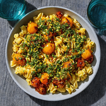Sun-Gold Tomato Pasta with Pistachio Gremolata