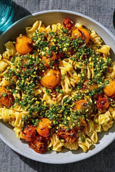 Sun-Gold Tomato Pasta with Pistachio Gremolata