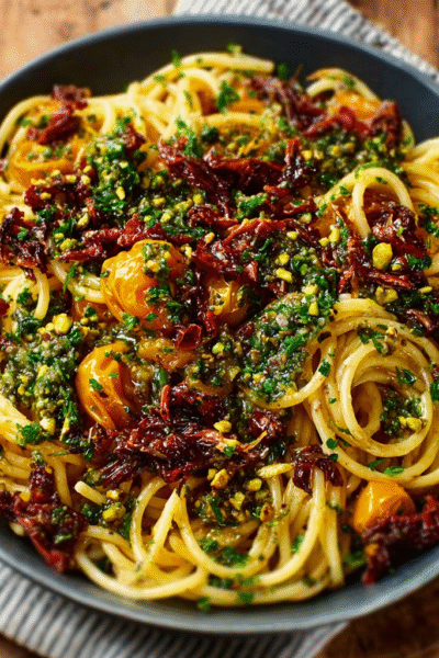 Sun Gold Tomato Pasta with Pistachio Gremolata