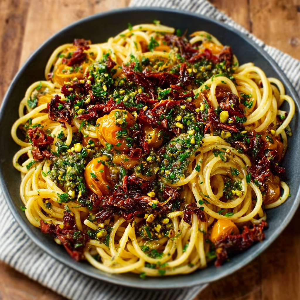 Sun Gold Tomato Pasta with Pistachio Gremolata